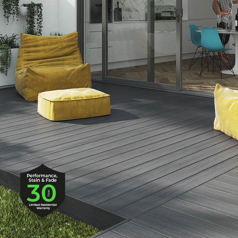 Dark grey composite decking landscape