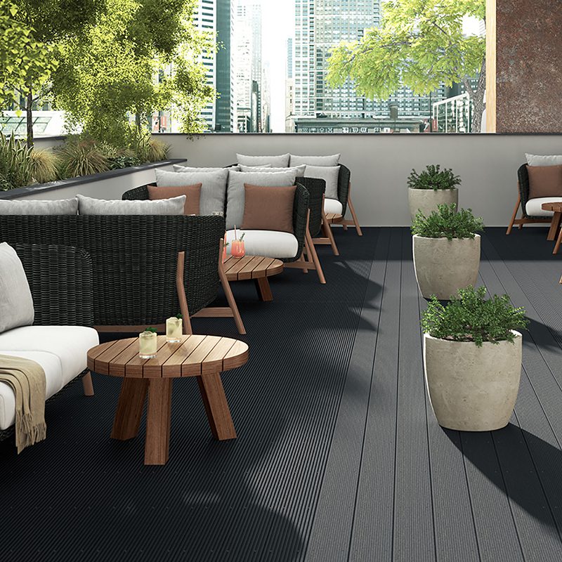 Dark grey composite decking landscape