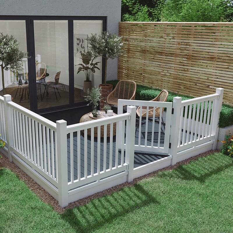 Grey decking with white balustrade gate