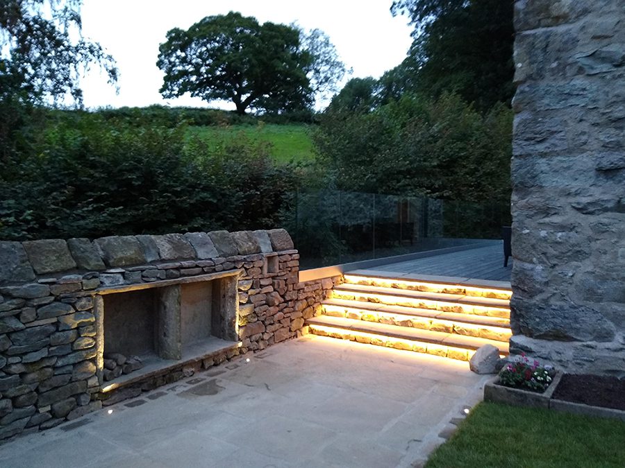Grey decking boards with step lights