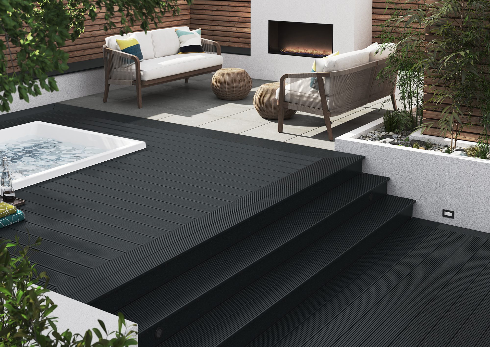 Black Composite Decking with hot tub